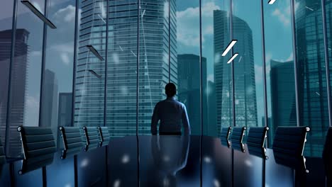 Brand-Building.-Businessman-Working-in-Office-among-Skyscrapers.-Hologram-Concept